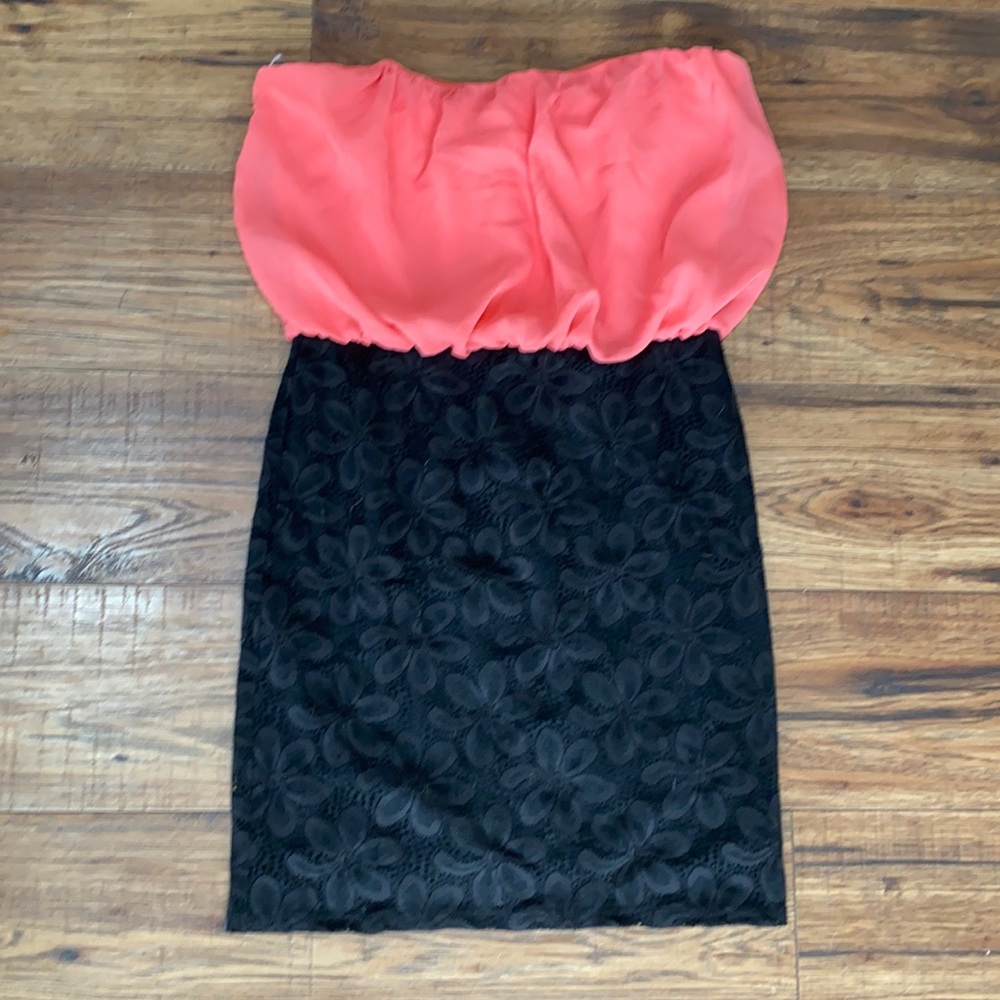Pink and black strapless dress